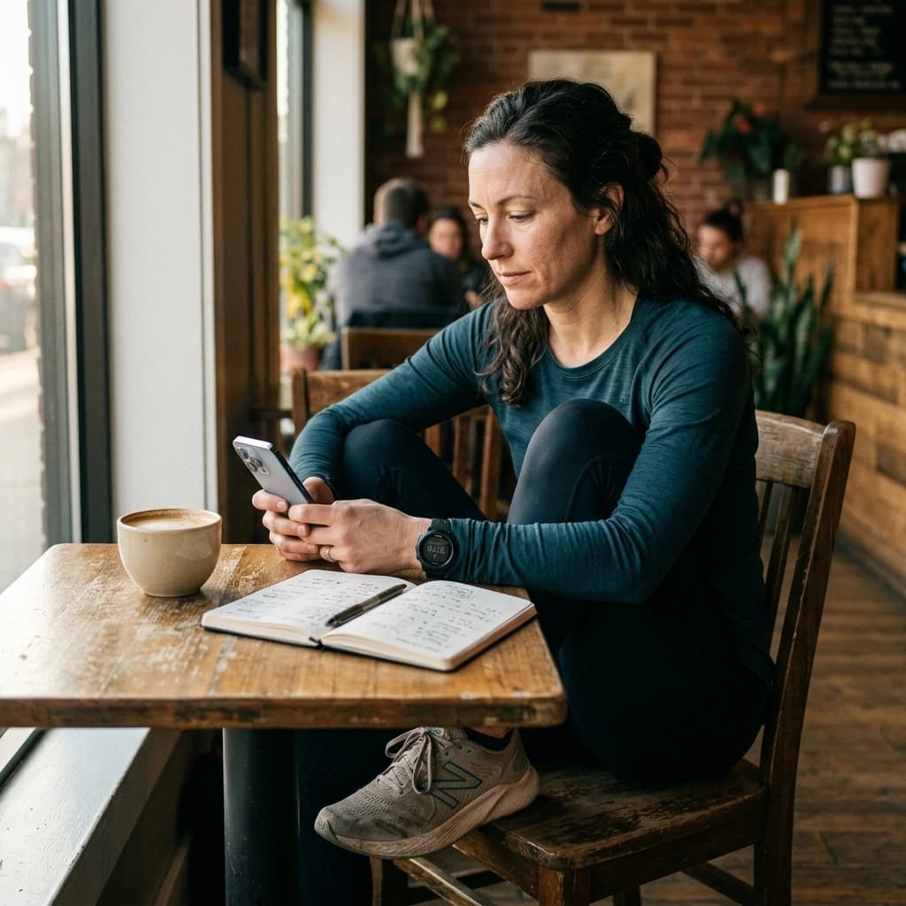 A run club admin at a coffee shop table with a phone open to a club roster, comparing tools on a notebook before the next group run