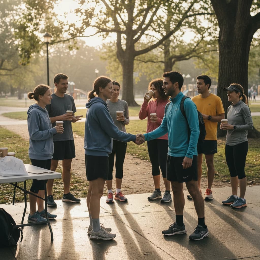 Diverse group of casual runners gathering at a city park trailhead at sunrise, welcoming a new member to the club.