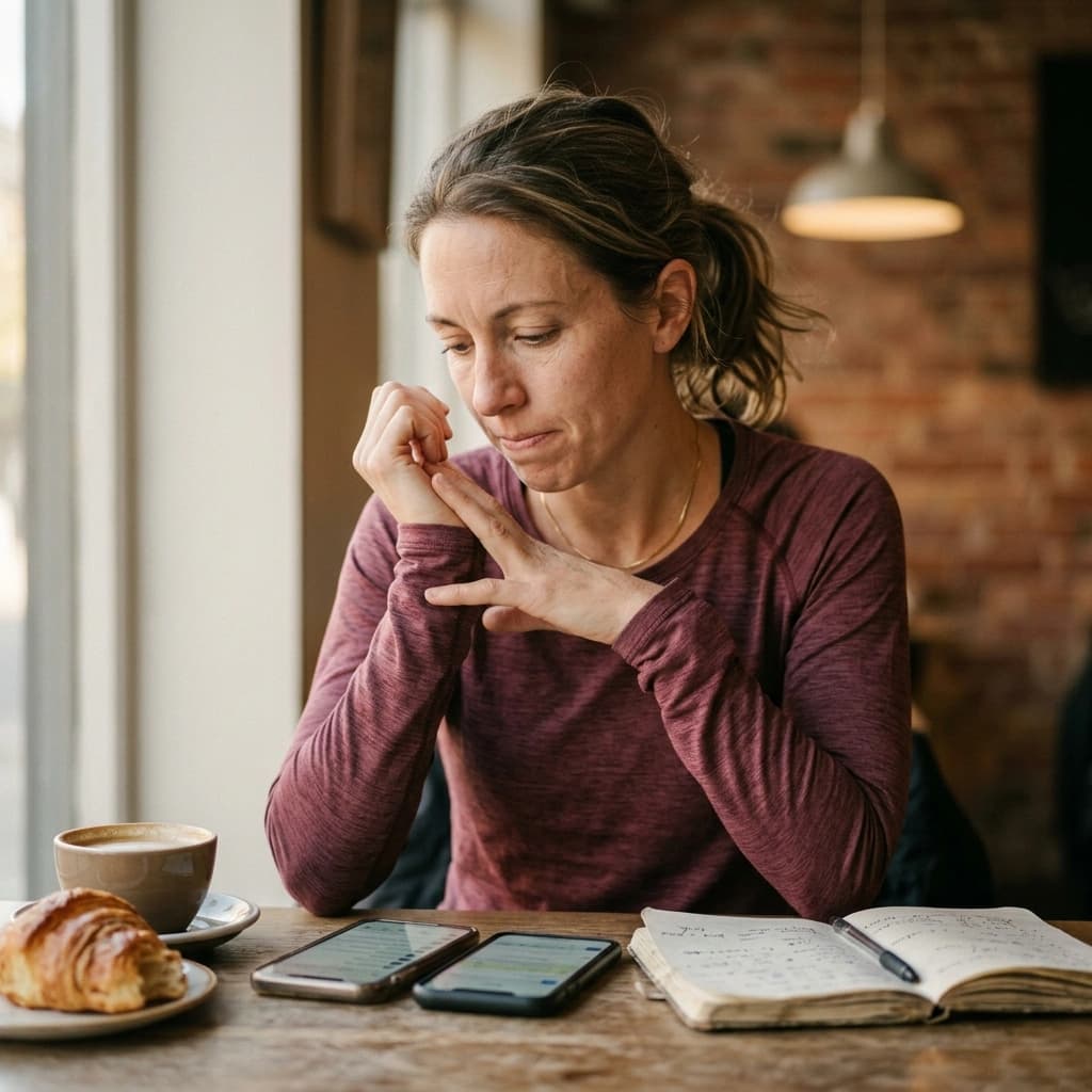 A running club organizer at a sunlit cafe table comparing two phone screens, mid-decision
