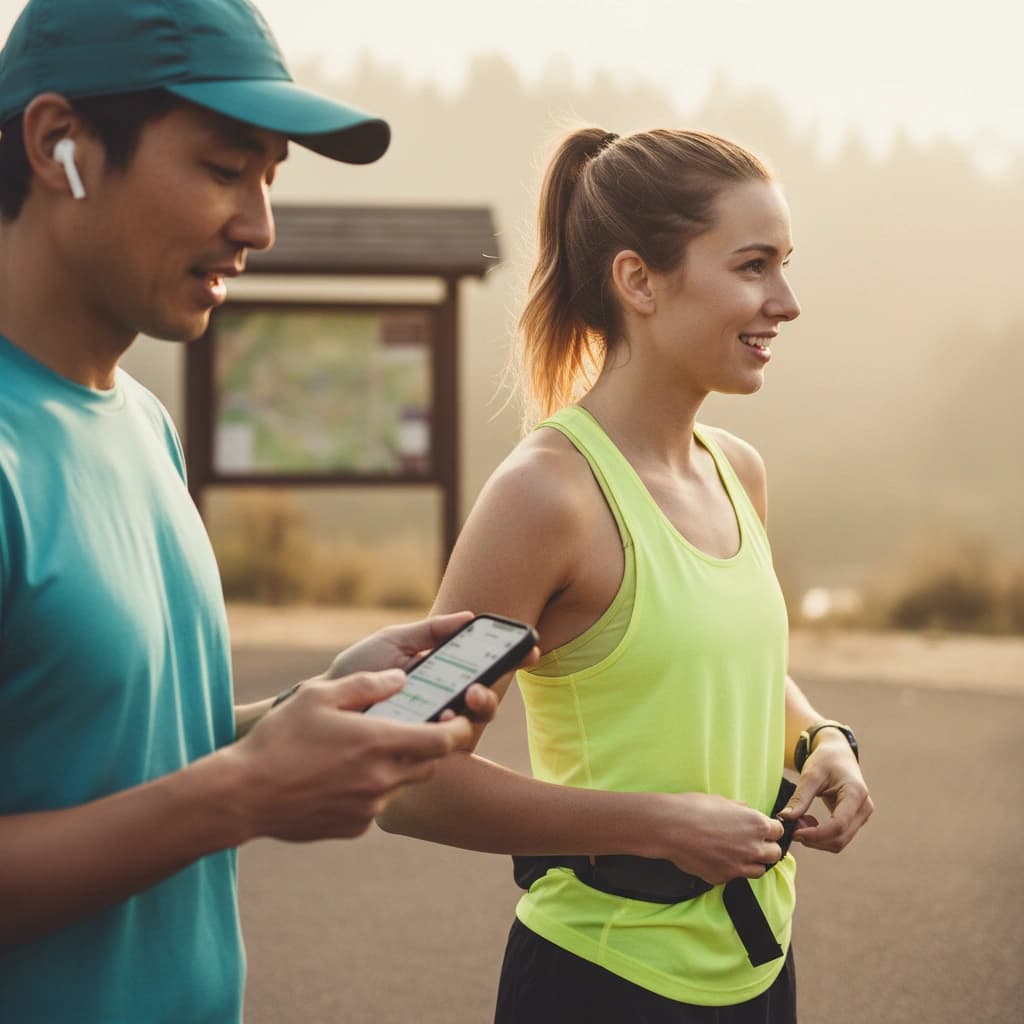 Two runners at the start of a group run checking phones with running apps