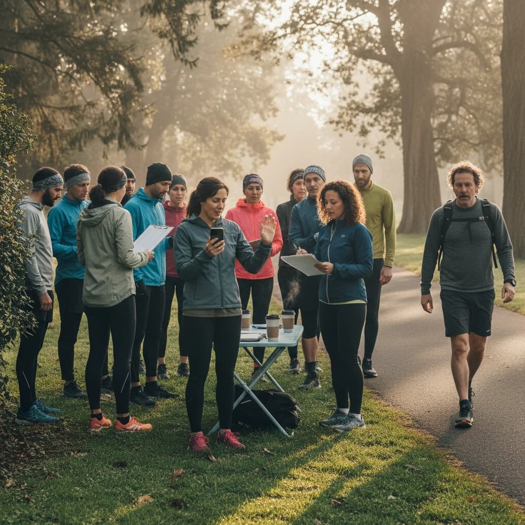 A run club captain checks her phone as a member arrives at a park trailhead at sunrise.
