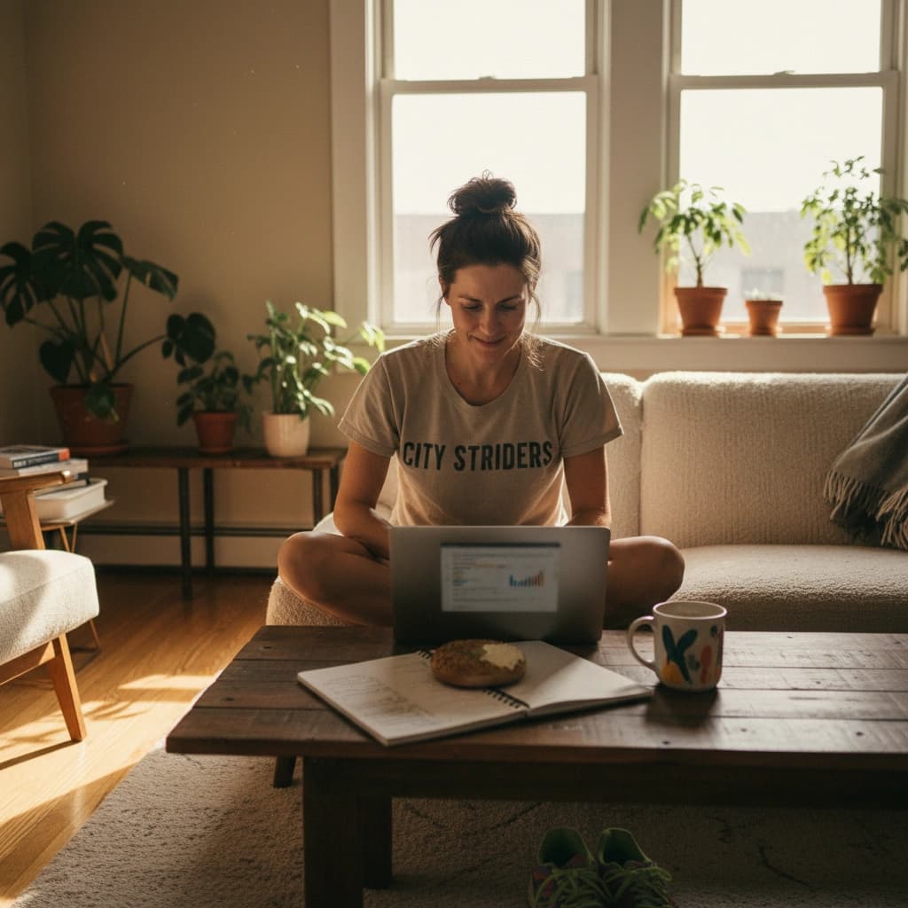 A running club founder working from a couch on a laptop planning club operations