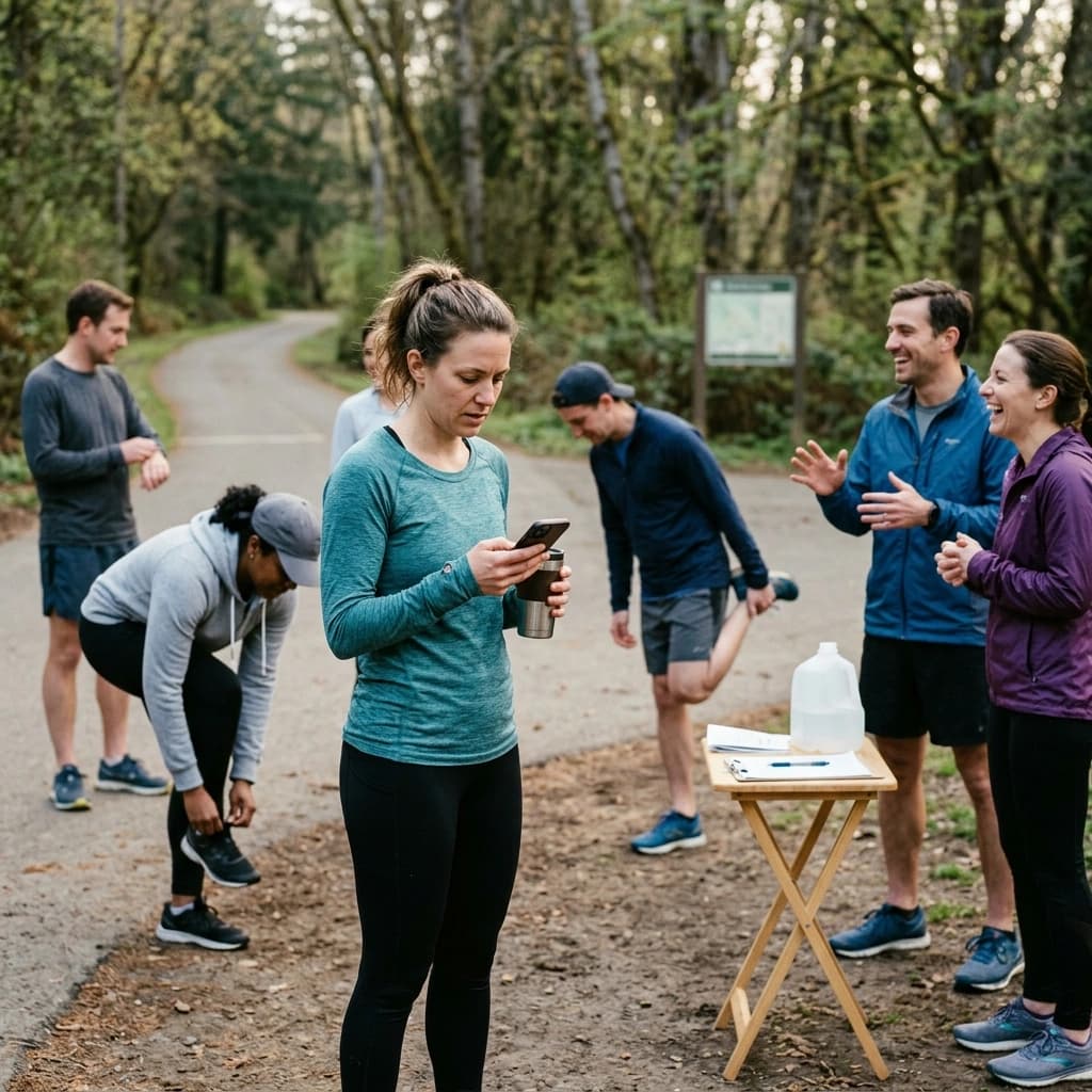 A run club captain checks her phone at a city park trailhead at dawn while members stretch and chat nearby before a Saturday group run.