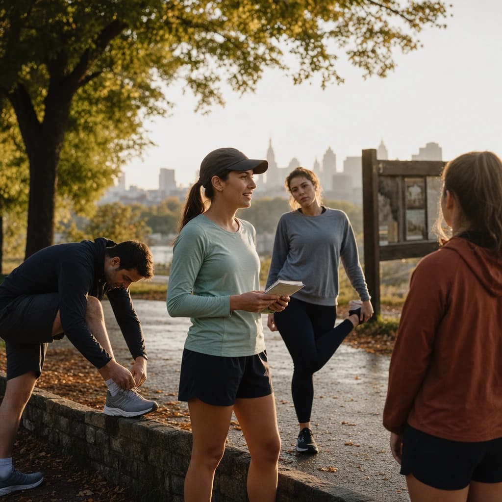 Group of casual runners gathering at a neighborhood trailhead at sunrise, founder checking a clipboard with a checklist before the first group run.
