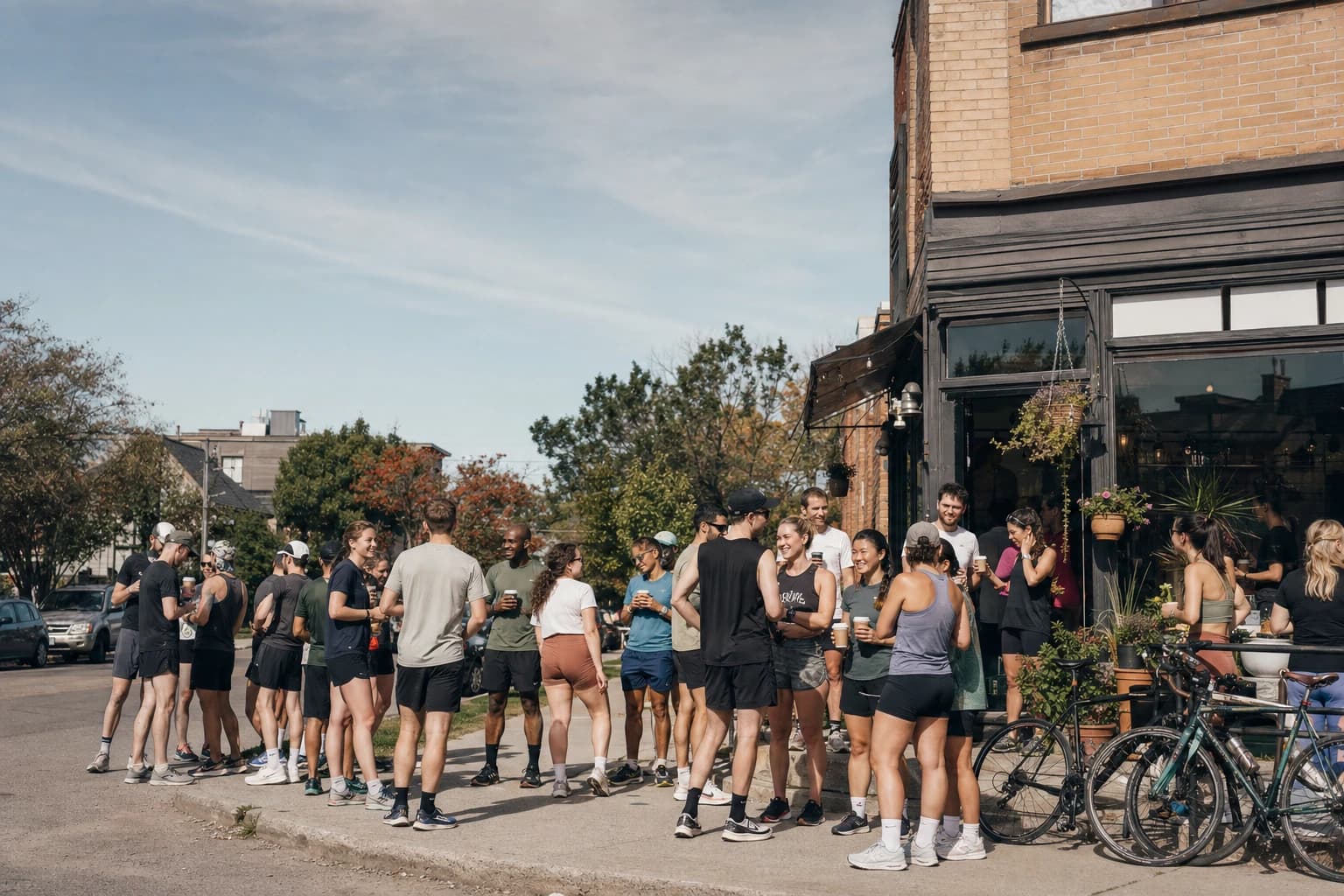 A growing run club gathered post-run for coffee outside a local shop, multi-pace mix of runners laughing in real community