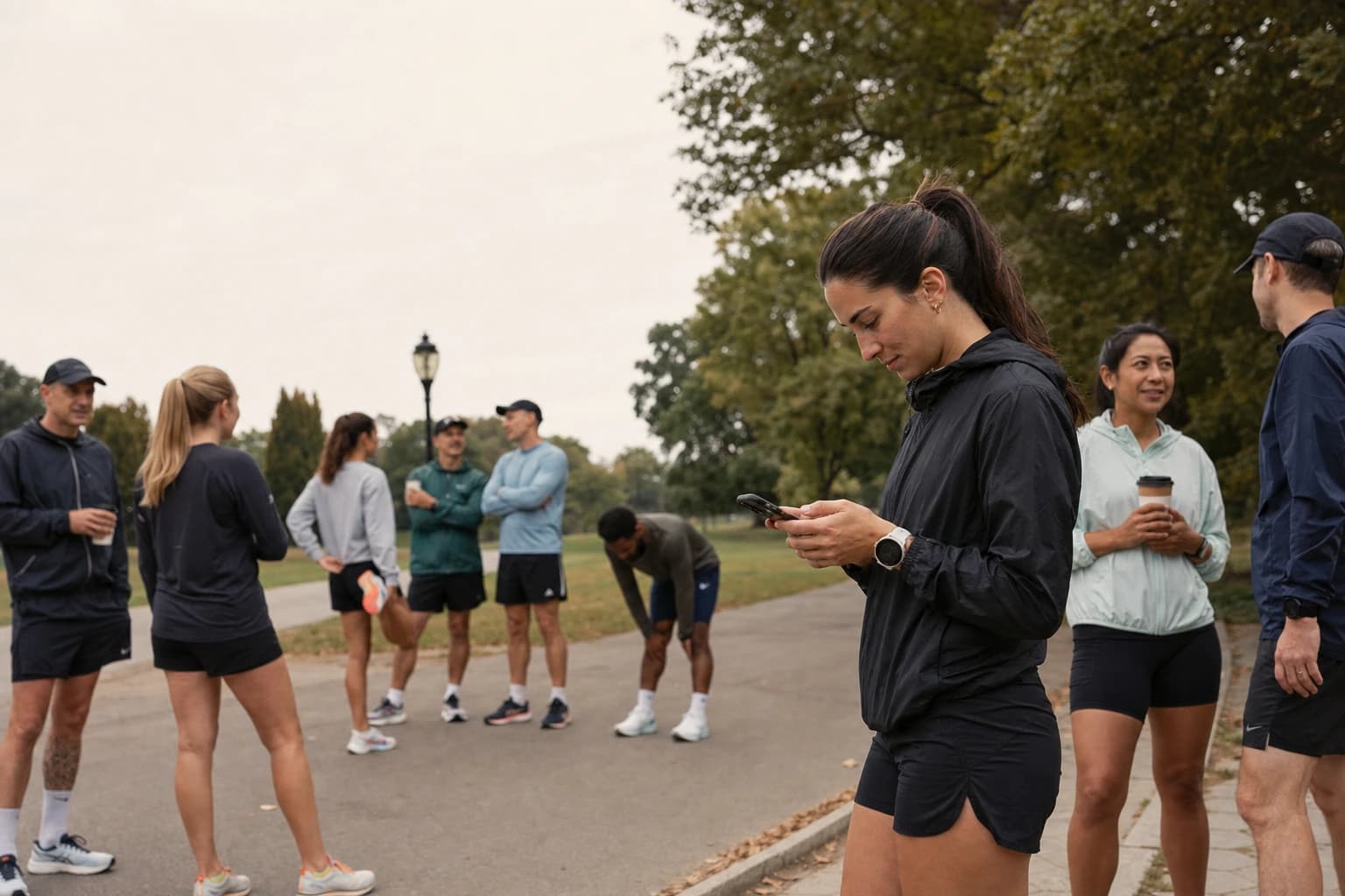A run club founder consolidating fragmented tools into a single platform on a phone, post-run conversation among club members