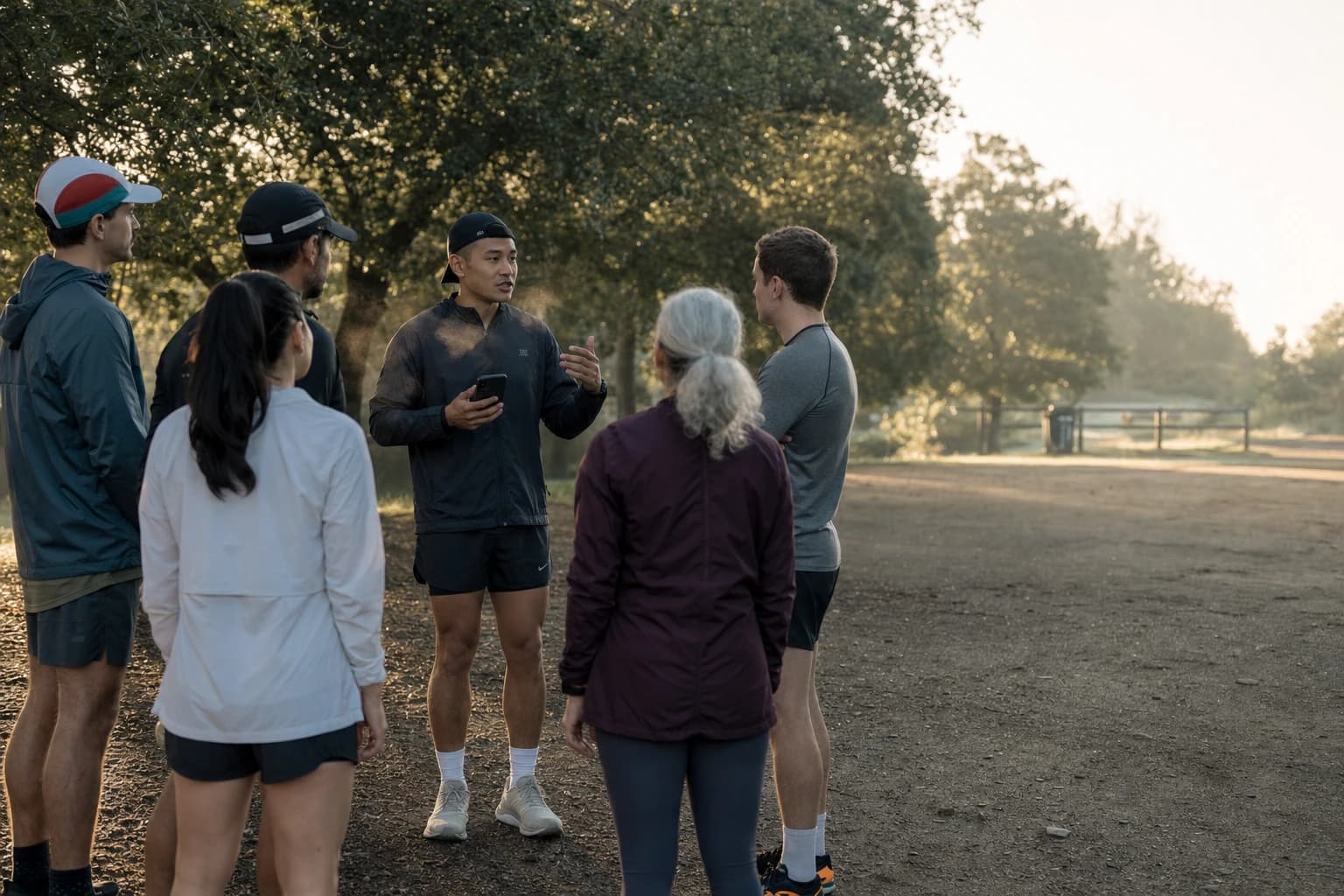 Founder of a new running club briefing a small early-morning group at a park before the first run, golden-hour light, real community moment