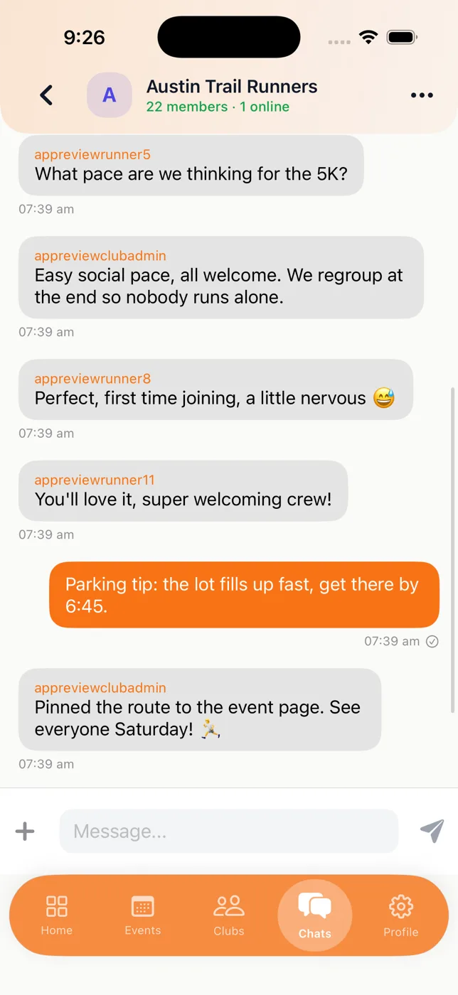 A RunLink club chat thread between members of a running club